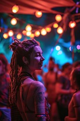 a psychedelic light show at a midnight rave, attendees flaunting rasta and hippie vibes 