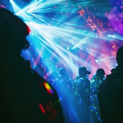 a psychedelic light show at a midnight rave, attendees flaunting rasta and hippie vibes 