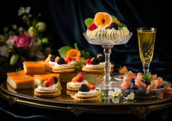 Assortment of canape with cheese, smoked salmon, caviar, cucumber on a glass board
