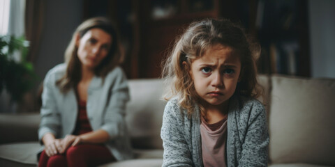 A visibly upset young girl with a troubled expression, with her mother sitting thoughtfully in the background.