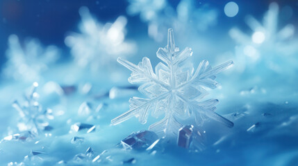 An intricate snowflake crystal captured in a macro shot, set against a shimmering blue winter background.