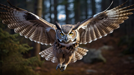 A great horned owl in flight. The owl is flying