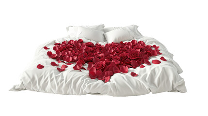 red rose petals in a heart shape on a white linen duvet cover bedsheet with pillows
