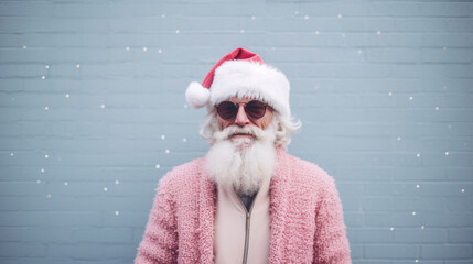 A contemporary take on Santa Claus, featuring a stylish pink coat and trendy sunglasses, against a cool blue backdrop.