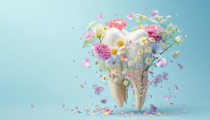 The tooth levitates in the air decorated with beautiful flowers. - obrazy, fototapety, plakaty