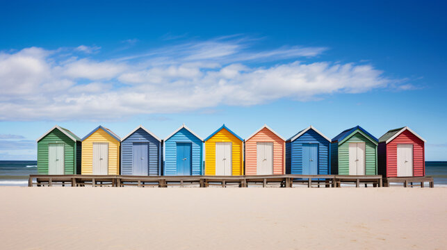 A row of colorful beach huts with a blue sky