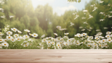 A serene view of white daisies in the foreground with a wooden table surface, against a softly lit forest background. - Powered by Adobe