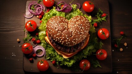 a top view image of a heart-shaped hamburger with angus beef patty, tomatoes, lettuce, cheese and...