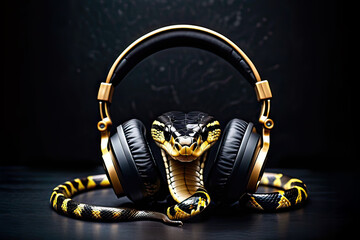 Cobra, snake wearing headphones isolated on black background. Listen to music. Cover for design of music releases, albums and advertising. Music lover background. DJ concept.