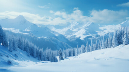 Breathtaking winter panorama featuring snow-capped mountains and pine trees under a clear blue sky. - Powered by Adobe