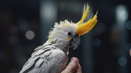 A friendly cockatiel perched on its owner's outstretched finger, its feathers a symphony of soft grays and vibrant yellow crest.