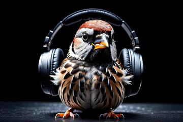 Sparrow wearing headphones isolated on black background. Listen to music. Cover for design of music...