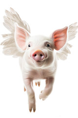 Little pink piggy with white feather angelic wings flying, in full length, studio portrait