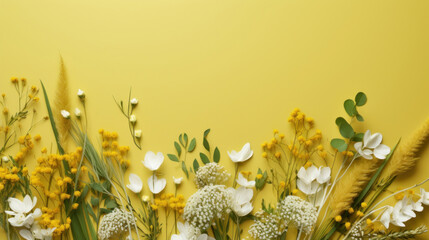 Bright yellow and white flowers arranged beautifully on a vibrant yellow background, radiating summer vibes.
