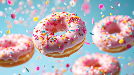 Suspended in mid-air, pink frosted donuts adorned with colorful sprinkles create a playful and appetizing dance against a cheerful sky-blue background