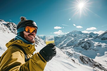 A daring mountaineer stands atop a snowy peak, gazing at the endless expanse of glacial landforms, his ski goggles reflecting the icy sky as he holds a glass of liquid, a symbol of his courage and de