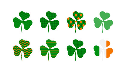 Three leaf clover with different textures flat set. St. Patrick's Day design elements - obrazy, fototapety, plakaty