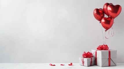 Composition with gift boxes, roses and balloons