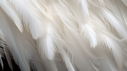 a macro close-up image of many whit and off-white tender bird feathers filling the frame.