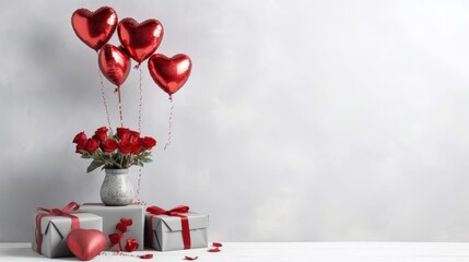 Composition with gift boxes, roses and balloons