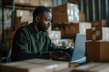 A focused man clad in casual attire sits indoors, his face illuminated by the glow of his laptop screen as he works diligently on his computer