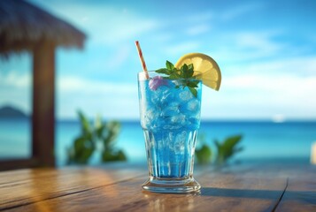 blue hawaiian cocktail on wooden table with blue sea and bright clouds. generative ai