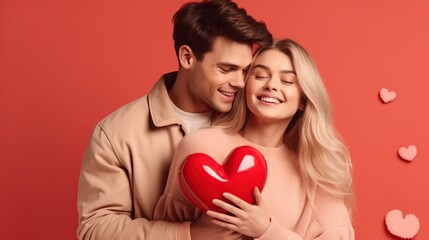 Fototapeta na wymiar Young cheerful couple in love. Valentine's Day celebration concept