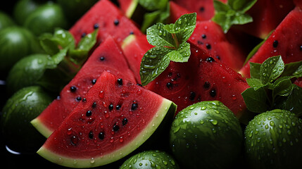 Slices of watermelon, closeup background image - obrazy, fototapety, plakaty