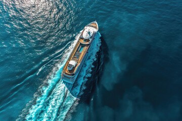 An aerial view of a majestic blue cruise ship gliding gracefully through the sea, transporting its passengers on an aqua adventure in the great outdoors