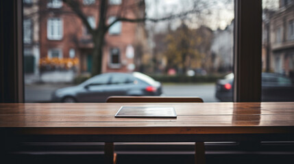 Obraz premium A digital tablet placed on a wooden table with a window view of an urban street in the background.
