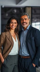 Smiling Latin mid aged business man and woman in office, vertical portrait. Two happy confident professional mature corporate executive leaders company managers standing in office, Generative AI 