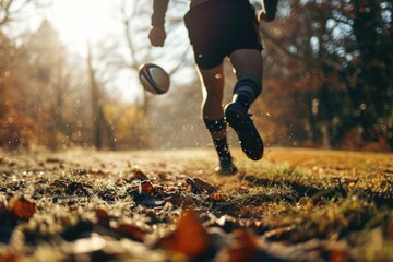 A runner sprints across the field, dodging trees and leaping over grass, clutching a rugby ball in...