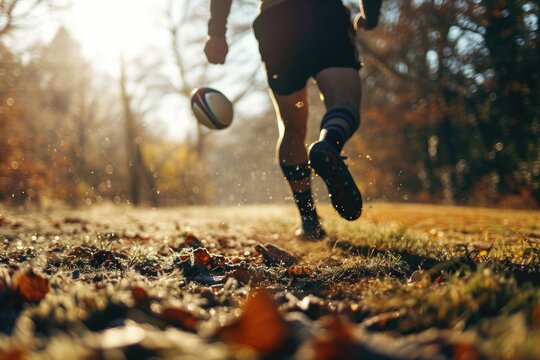 A runner sprints across the field, dodging trees and leaping over grass, clutching a rugby ball in one hand and sporting sturdy outdoor footwear as they prepare to score
