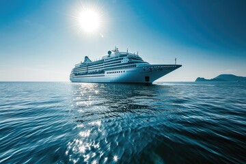 A majestic cruise ship glides through the sparkling water, its grand structure reflecting the endless sky as it transports excited passengers on a luxurious journey at sea - obrazy, fototapety, plakaty