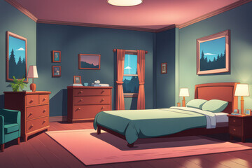 Vector cartoon bedroom with big window, city skyline view, AI generated