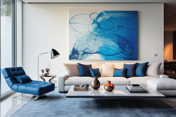 Cozy and modern, this living room boasts a stunning painting that complements the sleek furniture and adds a pop of color to the sophisticated interior design