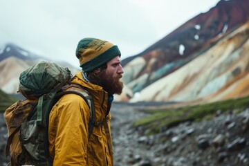 A lone adventurer stands tall amidst the rugged terrain, his trusty backpack and weather-worn jacket a testament to his fearless spirit and unwavering determination in conquering the great outdoors