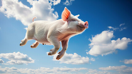 Under the blue sky and white clouds, a pig floats in the air