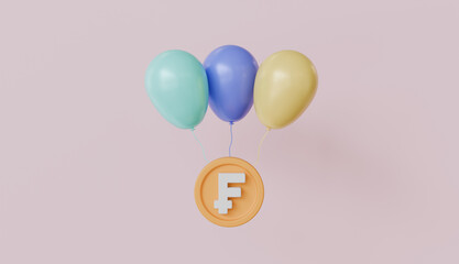 Balloon flying with coin Franc economy on pastel color background