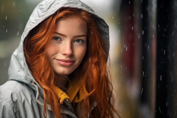 Young pretty redhead woman at outdoors wearing a rainproof coat