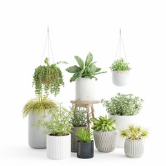 3D rendering of a pots of green plants on a white background