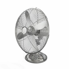 3D rendering of a metallic fan on a white background