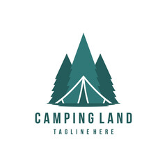 Forest Mountain camping logo line art summer camping vector illustration with tent and pine trees 