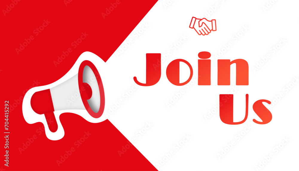 Aufkleber join us concept with megaphone and text. web vector illustration. join pattern with handshake and an