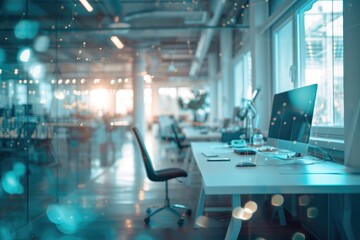 Naklejka premium Future of Work - A futuristic office with hologram technology and creative workspaces - AI Generated