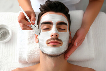 Man having cosmetic mask in spa salon. Cosmetology for men