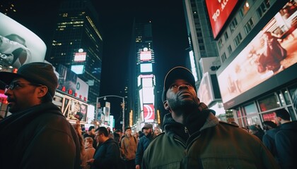 African-American man looking up at the billboards in Times Square - obrazy, fototapety, plakaty