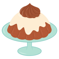 Chocolate pudding with cream in plate, cake or souffle dessert icon. Cartoon sweet food element. Vector illustration isolated on white background. 