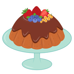 Pudding with Chocolate cream and fruits in plate. Cartoon cake sweet food element. Vector illustration isolated on white background. 