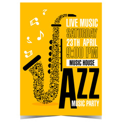 Jazz music party invitation, concert or festival announcement banner or poster with an elegant saxophone composed of musical notes on a yellow background. Ready to print vertical vector illustration. - obrazy, fototapety, plakaty